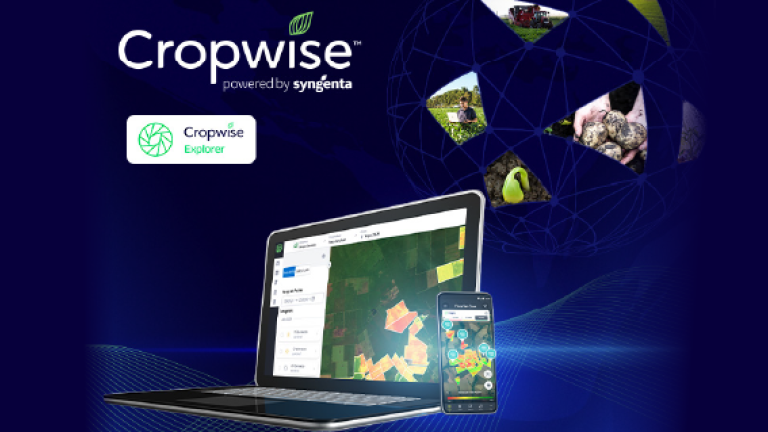 Gráfico publicitario de Cropwise con laptop y móvil mostrando un mapa agrícola.