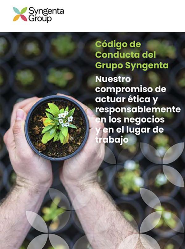 Manos sosteniendo maceta con planta; texto sobre Código de Conducta del Grupo Syngenta